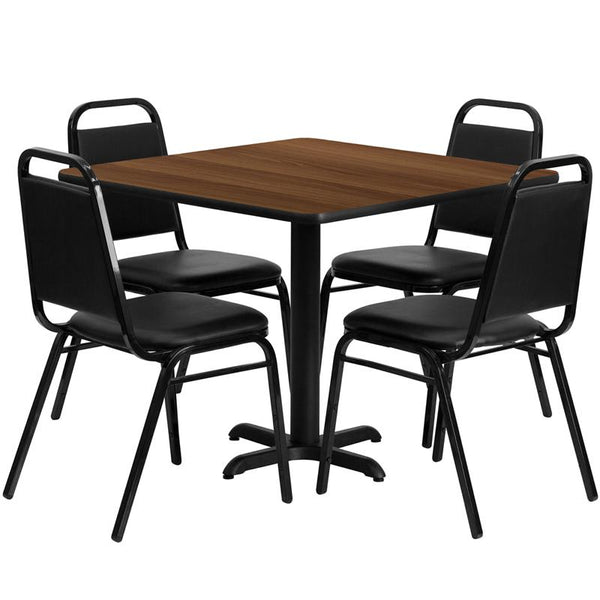 Flash Furniture 36'' Square Walnut Laminate Table Set with X-Base and 4 Black Trapezoidal Back Banquet Chairs - HDBF1012-GG