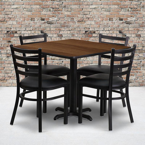 Flash Furniture 36'' Square Walnut Laminate Table Set with X-Base and 4 Ladder Back Metal Chairs - Black Vinyl Seat - HDBF1016-GG