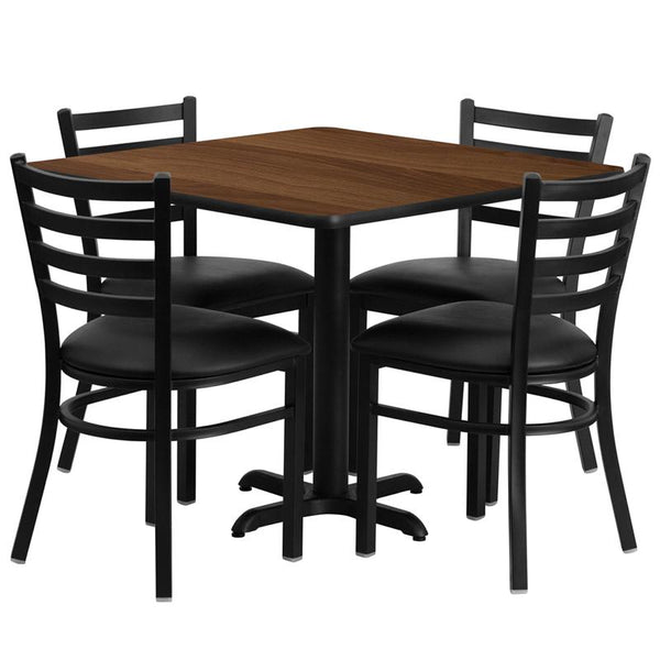 Flash Furniture 36'' Square Walnut Laminate Table Set with X-Base and 4 Ladder Back Metal Chairs - Black Vinyl Seat - HDBF1016-GG
