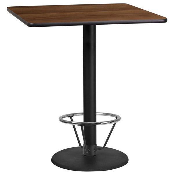 Flash Furniture 36'' Square Walnut Laminate Table Top with 24'' Round Bar Height Table Base and Foot Ring - XU-WALTB-3636-TR24B-4CFR-GG