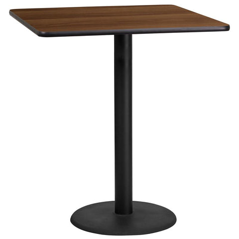 Flash Furniture 36'' Square Walnut Laminate Table Top with 24'' Round Bar Height Table Base - XU-WALTB-3636-TR24B-GG