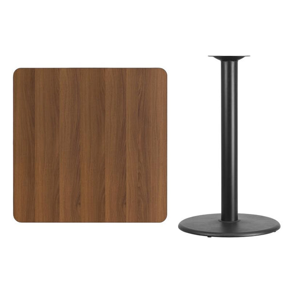 Flash Furniture 36'' Square Walnut Laminate Table Top with 24'' Round Bar Height Table Base - XU-WALTB-3636-TR24B-GG