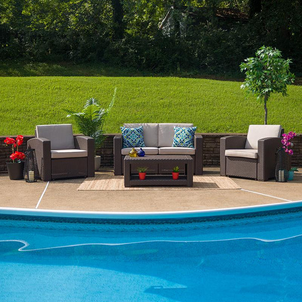 Flash Furniture 4 Piece Outdoor Faux Rattan Chair, Loveseat and Table Set in Chocolate Brown - DAD-SF-112T-CBN-GG