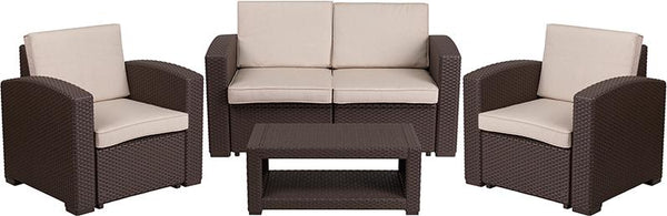 Flash Furniture 4 Piece Outdoor Faux Rattan Chair, Loveseat and Table Set in Chocolate Brown - DAD-SF-112T-CBN-GG