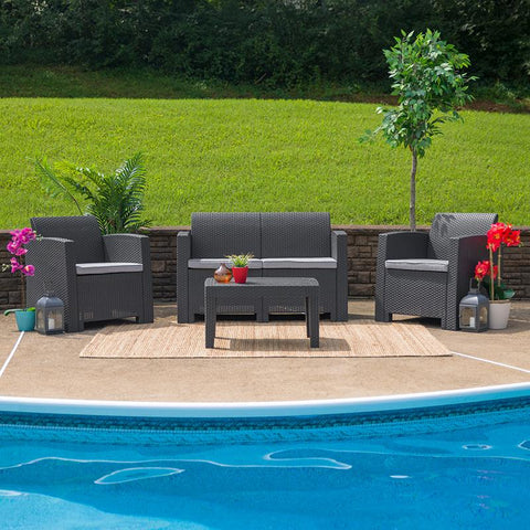 Flash Furniture 4 Piece Outdoor Faux Rattan Chair, Loveseat and Table Set in Dark Gray - DAD-SF-112T-DKGY-GG