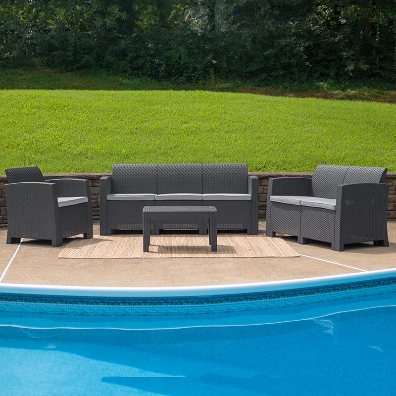 Flash Furniture 4 Piece Outdoor Faux Rattan Chair, Loveseat, Sofa and Table Set in Dark Gray - DAD-SF-123T-DKGY-GG