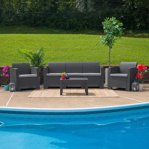 Flash Furniture 4 Piece Outdoor Faux Rattan Chair, Sofa and Table Set in Dark Gray - DAD-SF-113T-DKGY-GG