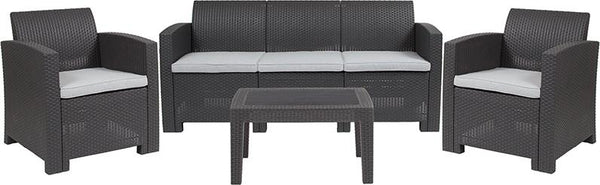 Flash Furniture 4 Piece Outdoor Faux Rattan Chair, Sofa and Table Set in Dark Gray - DAD-SF-113T-DKGY-GG