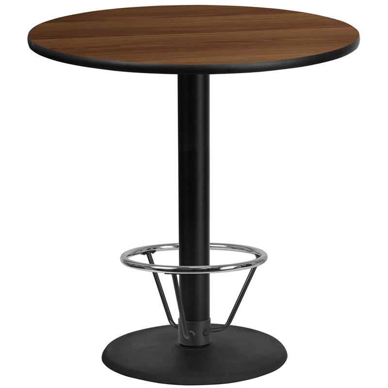 Flash Furniture 42'' Round Walnut Laminate Table Top with 24'' Round Bar Height Table Base and Foot Ring - XU-RD-42-WALTB-TR24B-4CFR-GG