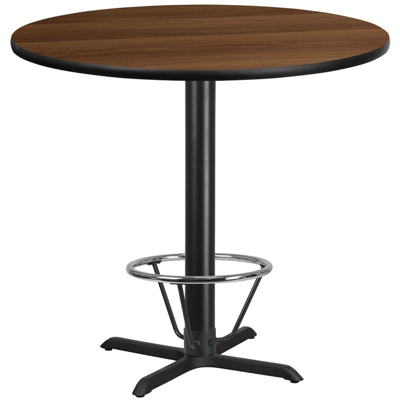Flash Furniture 42'' Round Walnut Laminate Table Top with 33'' x 33'' Bar Height Table Base and Foot Ring - XU-RD-42-WALTB-T3333B-4CFR-GG