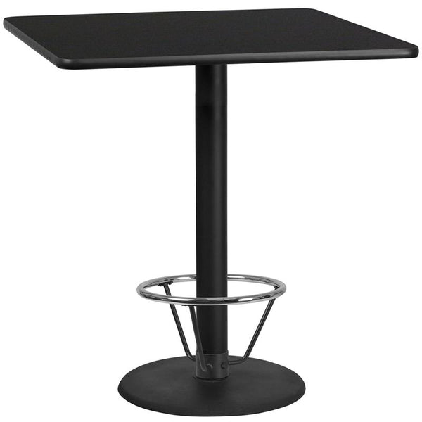 Flash Furniture 42'' Square Black Laminate Table Top with 24'' Round Bar Height Table Base and Foot Ring - XU-BLKTB-4242-TR24B-4CFR-GG