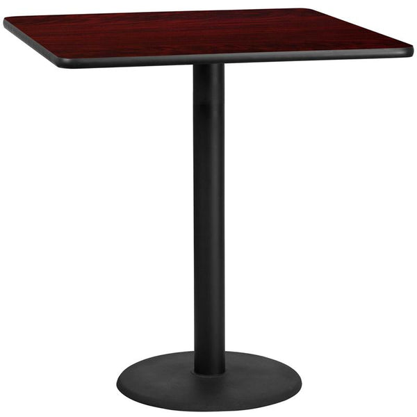 Flash Furniture 42'' Square Mahogany Laminate Table Top with 24'' Round Bar Height Table Base - XU-MAHTB-4242-TR24B-GG