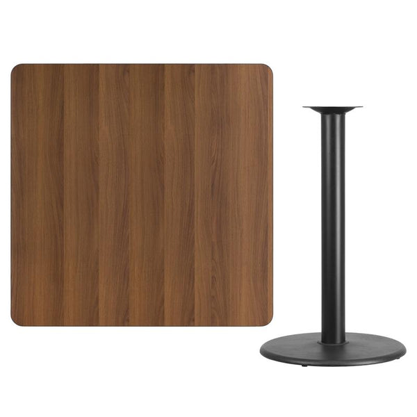 Flash Furniture 42'' Square Walnut Laminate Table Top with 24'' Round Bar Height Table Base - XU-WALTB-4242-TR24B-GG