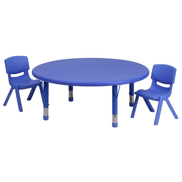 Flash Furniture 45'' Round Blue Plastic Height Adjustable Activity Table Set with 2 Chairs - YU-YCX-0053-2-ROUND-TBL-BLUE-R-GG