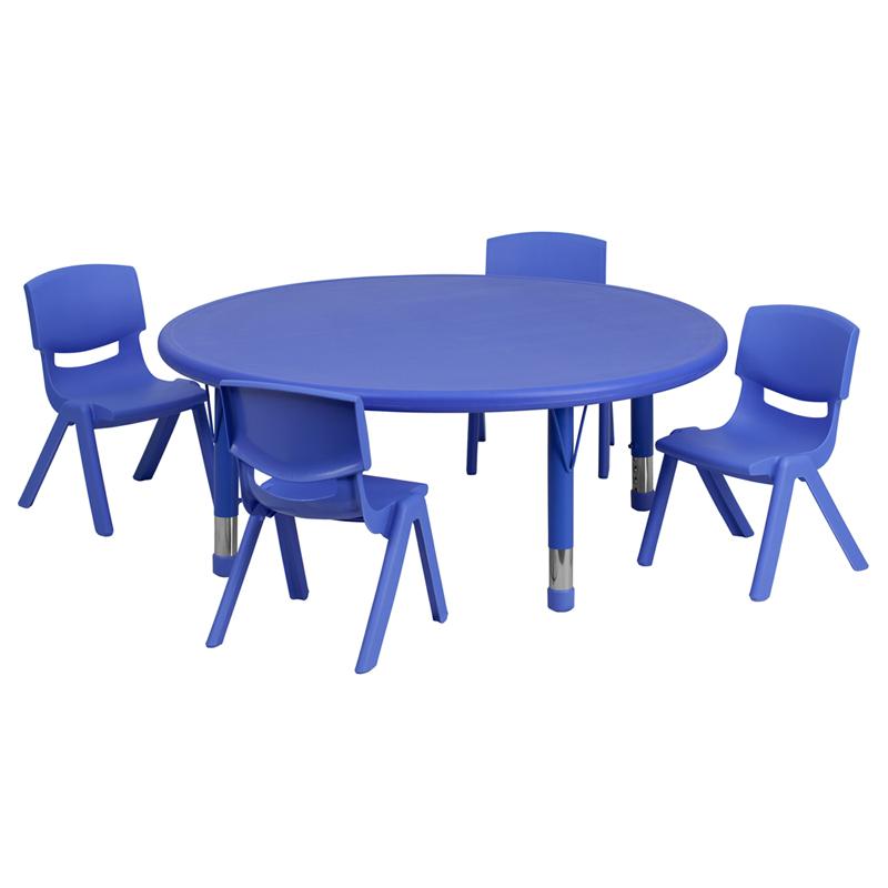 Flash Furniture 45'' Round Blue Plastic Height Adjustable Activity Table Set with 4 Chairs - YU-YCX-0053-2-ROUND-TBL-BLUE-E-GG