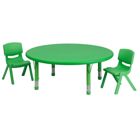 Flash Furniture 45'' Round Green Plastic Height Adjustable Activity Table Set with 2 Chairs - YU-YCX-0053-2-ROUND-TBL-GREEN-R-GG