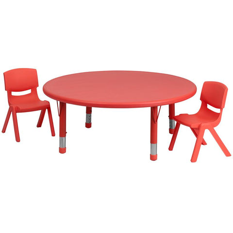 Flash Furniture 45'' Round Red Plastic Height Adjustable Activity Table Set with 2 Chairs - YU-YCX-0053-2-ROUND-TBL-RED-R-GG