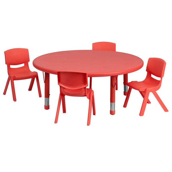 Flash Furniture 45'' Round Red Plastic Height Adjustable Activity Table Set with 4 Chairs - YU-YCX-0053-2-ROUND-TBL-RED-E-GG