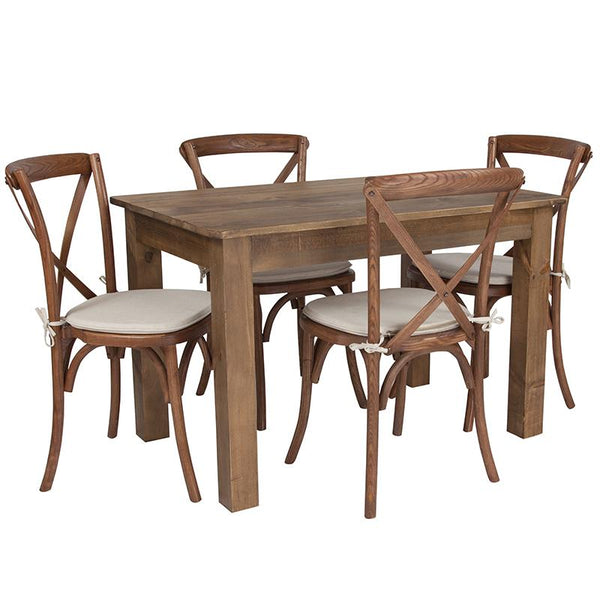 Flash Furniture 46" x 30" Antique Rustic Farm Table Set with 4 Cross Back Chairs and Cushions - XA-FARM-17-GG