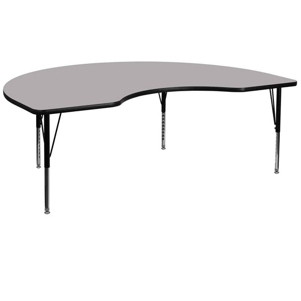 Flash Furniture 48''W x 72''L Kidney Grey Thermal Laminate Activity Table - Height Adjustable Short Legs - XU-A4872-KIDNY-GY-T-P-GG