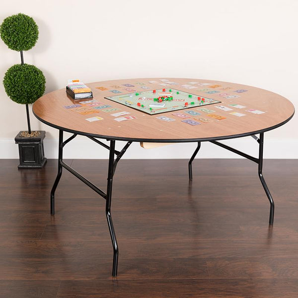 Flash Furniture 60'' Round Wood Folding Banquet Table with Clear Coated Finished Top - YT-WRFT60-TBL-GG