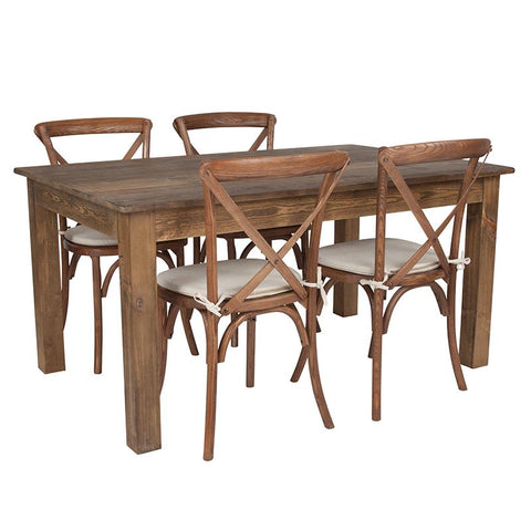 Flash Furniture 60" x 38" Antique Rustic Farm Table Set with 4 Cross Back Chairs and Cushions - XA-FARM-18-GG