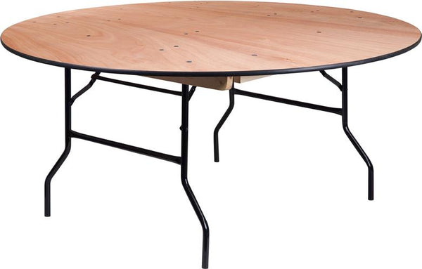 Flash Furniture 66'' Round Wood Folding Banquet Table with Clear Coated Finished Top - YT-WRFT66-TBL-GG