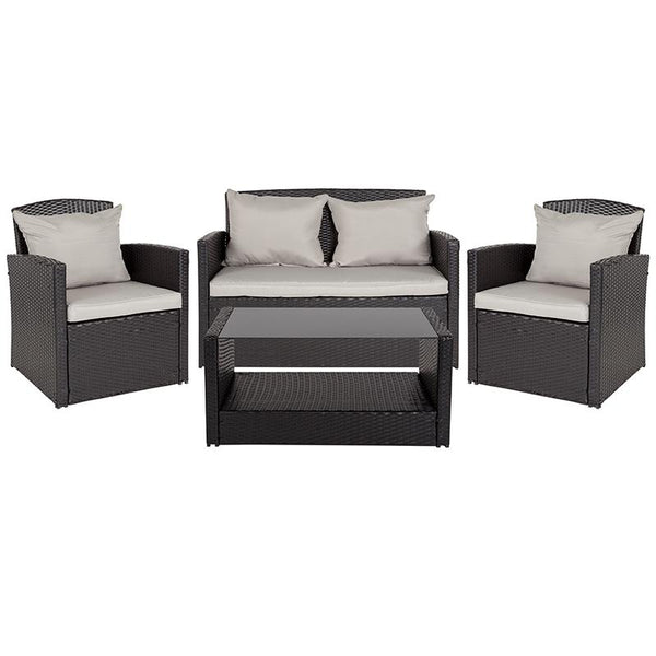 Flash Furniture Aransas Series 4 Piece Black Patio Set with Gray Back Pillows and Seat Cushions - JJ-S351-GG