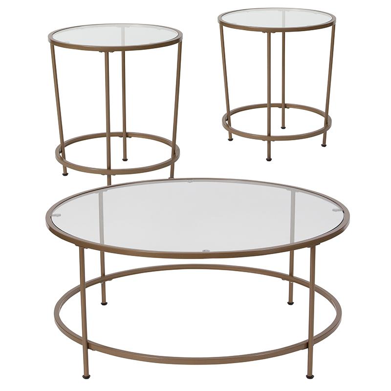 Flash Furniture Astoria Collection 3 Piece Coffee and End Table Set with Glass Tops and Matte Gold Frames - NAN-CEK-1-GG