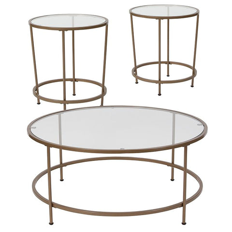 Flash Furniture Astoria Collection 3 Piece Coffee and End Table Set with Glass Tops and Matte Gold Frames - NAN-CEK-1-GG