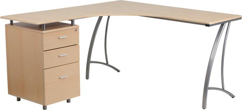 Flash Furniture Beech Laminate L-Shape Desk with Three Drawer Pedestal - NAN-WK-113-GG