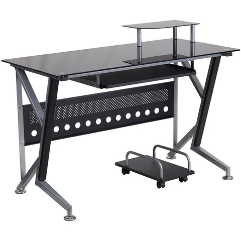 Flash Furniture Black Glass Computer Desk with Pull-Out Keyboard Tray and CPU Cart - NAN-WK-059-GG