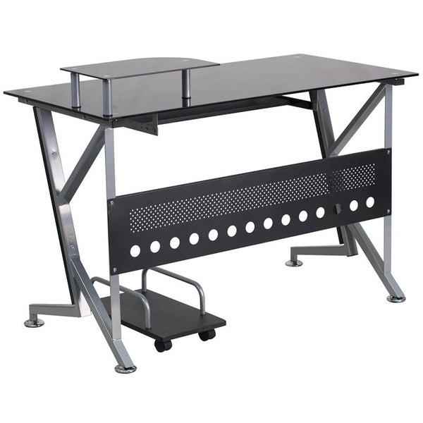 Flash Furniture Black Glass Computer Desk with Pull-Out Keyboard Tray and CPU Cart - NAN-WK-059-GG