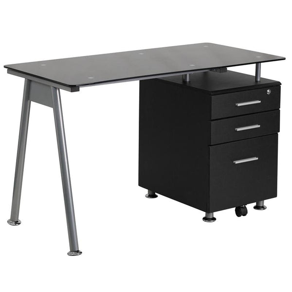 Flash Furniture Black Glass Computer Desk with Three Drawer Pedestal - NAN-WK-021A-GG