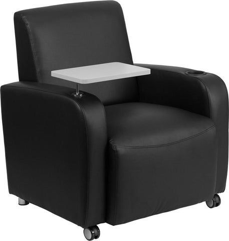 Flash Furniture Black Leather Guest Chair with Tablet Arm, Front Wheel Casters and Cup Holder - BT-8217-BK-CS-GG