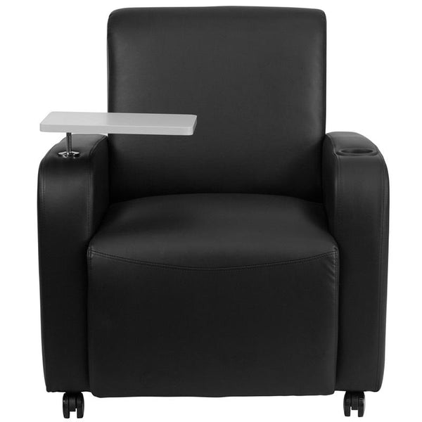Flash Furniture Black Leather Guest Chair with Tablet Arm, Front Wheel Casters and Cup Holder - BT-8217-BK-CS-GG