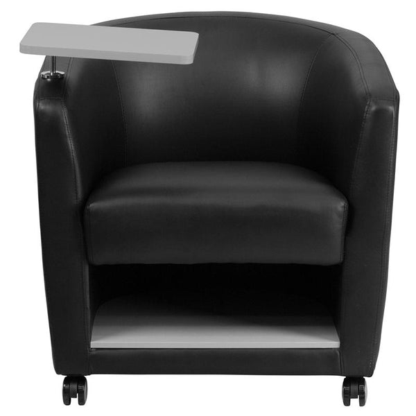 Flash Furniture Black Leather Guest Chair with Tablet Arm, Front Wheel Casters and Under Seat Storage - BT-8220-BK-CS-GG