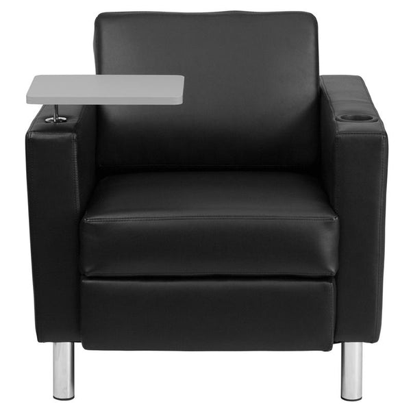 Flash Furniture Black Leather Guest Chair with Tablet Arm, Tall Chrome Legs and Cup Holder - BT-8219-BK-GG