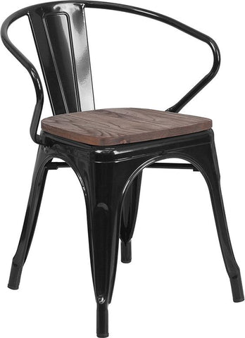 Flash Furniture Black Metal Chair with Wood Seat and Arms - CH-31270-BK-WD-GG