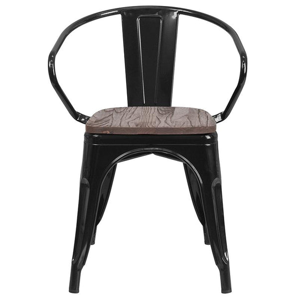 Flash Furniture Black Metal Chair with Wood Seat and Arms - CH-31270-BK-WD-GG