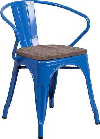 Flash Furniture Blue Metal Chair with Wood Seat and Arms - CH-31270-BL-WD-GG