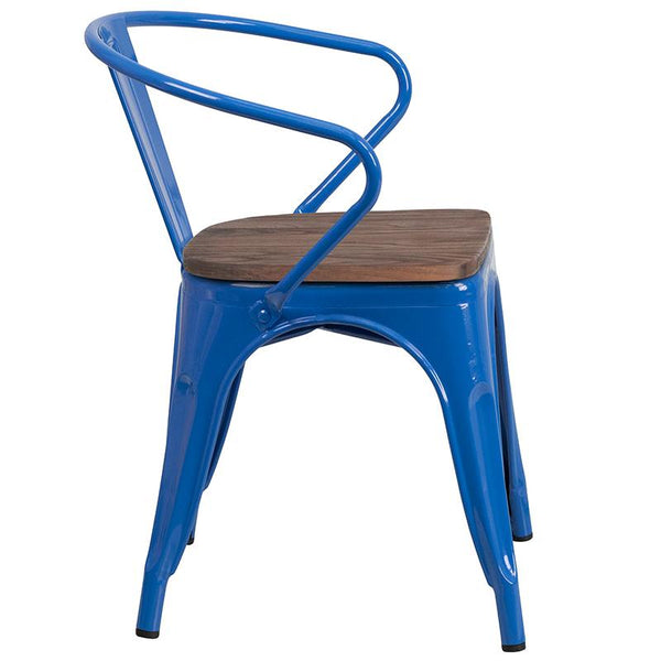 Flash Furniture Blue Metal Chair with Wood Seat and Arms - CH-31270-BL-WD-GG