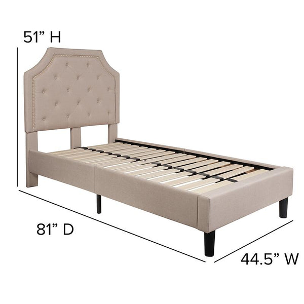 Flash Furniture Brighton Twin Size Tufted Upholstered Platform Bed in Beige Fabric - SL-BK4-T-B-GG