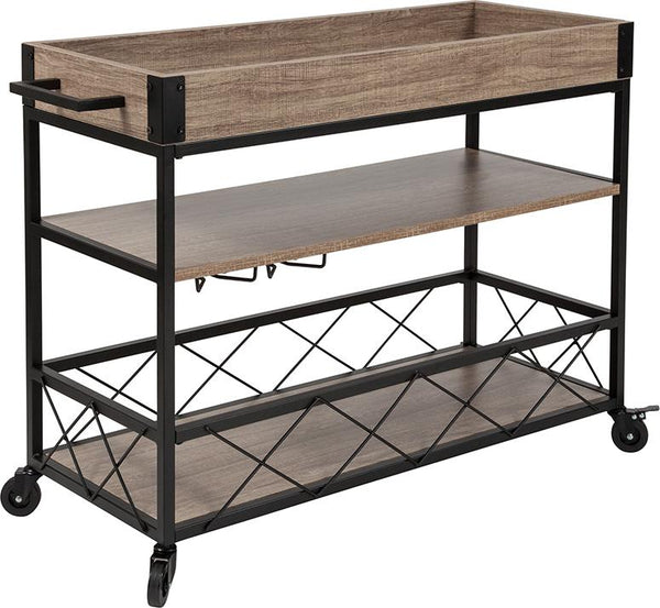 Flash Furniture Buckhead Distressed Light Oak Wood and Iron Kitchen Serving and Bar Cart with Wine Glass Holders - NAN-JH-17105-GG