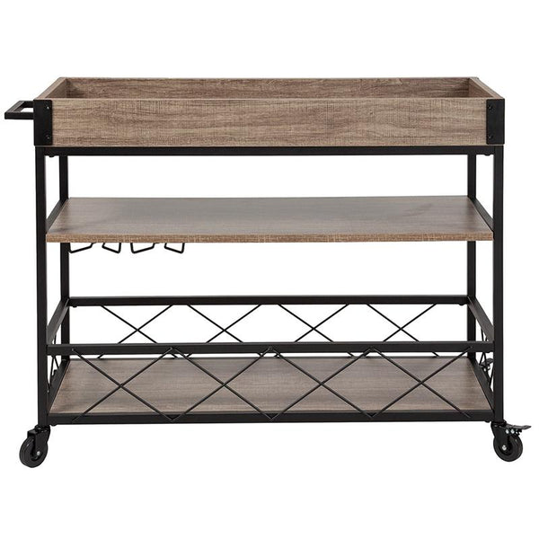 Flash Furniture Buckhead Distressed Light Oak Wood and Iron Kitchen Serving and Bar Cart with Wine Glass Holders - NAN-JH-17105-GG