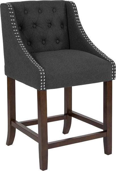 Flash Furniture Carmel Series 24" High Transitional Tufted Walnut Counter Height Stool with Accent Nail Trim in Charcoal Fabric - CH-182020-T-24-BK-F-GG
