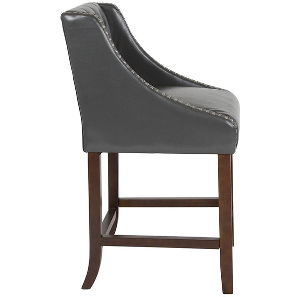 Flash Furniture Carmel Series 24" High Transitional Tufted Walnut Counter Height Stool with Accent Nail Trim in Dark Gray Leather - CH-182020-T-24-DKGY-GG