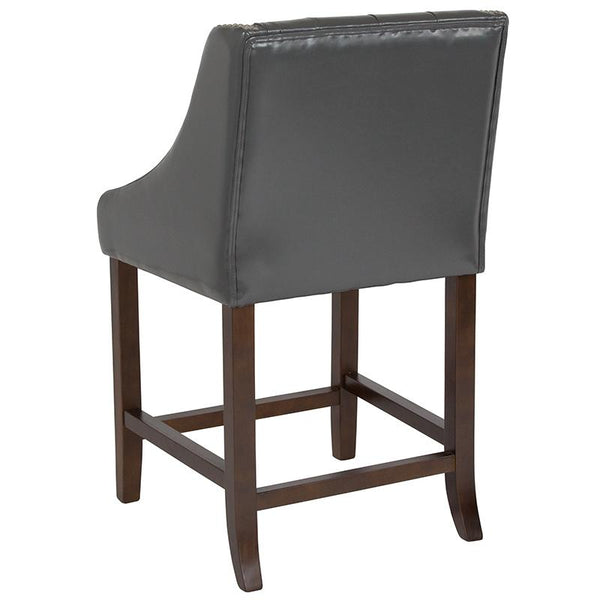 Flash Furniture Carmel Series 24" High Transitional Tufted Walnut Counter Height Stool with Accent Nail Trim in Dark Gray Leather - CH-182020-T-24-DKGY-GG