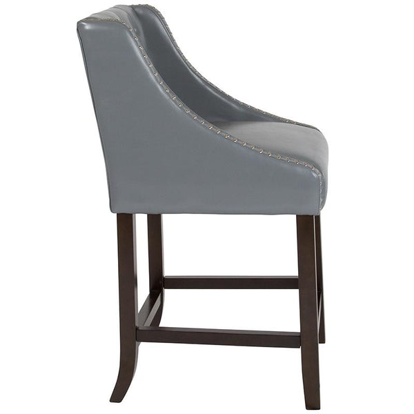 Flash Furniture Carmel Series 24" High Transitional Tufted Walnut Counter Height Stool with Accent Nail Trim in Light Gray Leather - CH-182020-T-24-LTGY-GG
