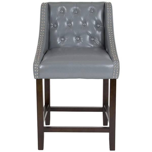 Flash Furniture Carmel Series 24" High Transitional Tufted Walnut Counter Height Stool with Accent Nail Trim in Light Gray Leather - CH-182020-T-24-LTGY-GG